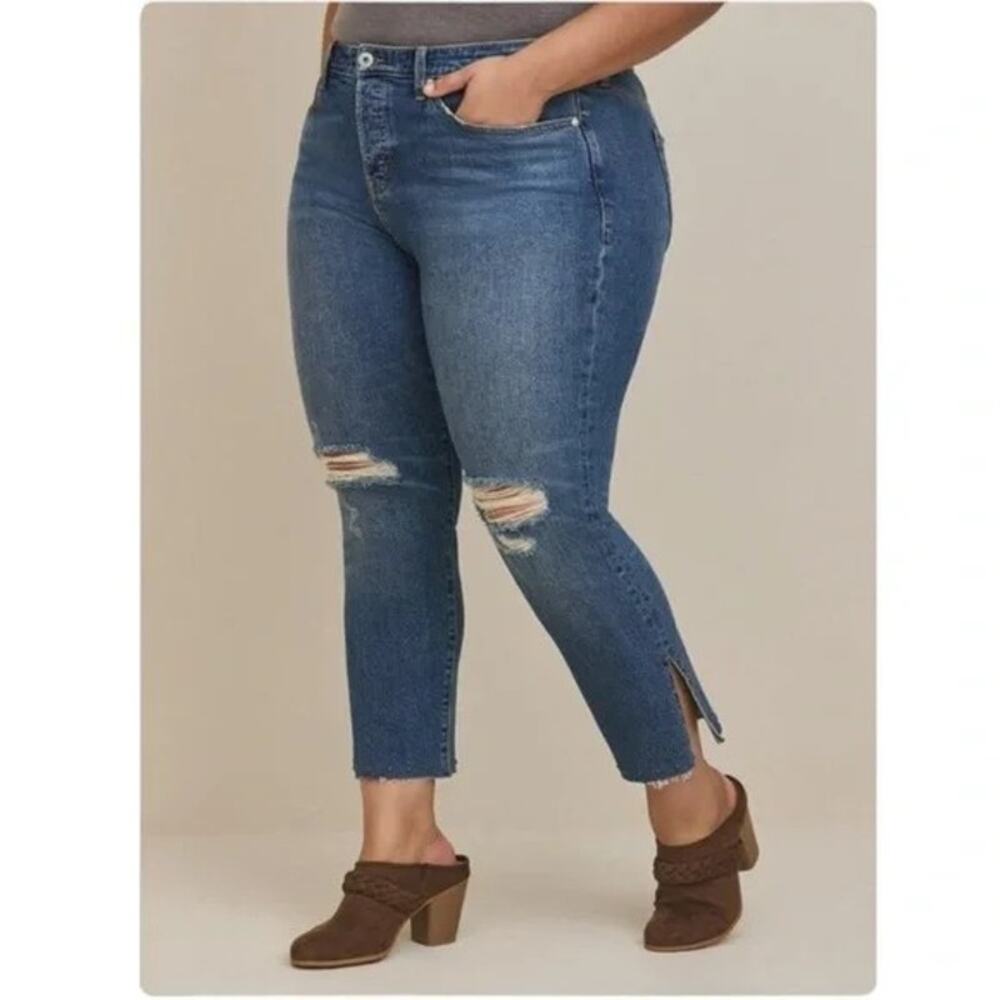 Torrid Women's Blue Button Fly High Rise Straight Studded Raw Hem Jeans Size 14R